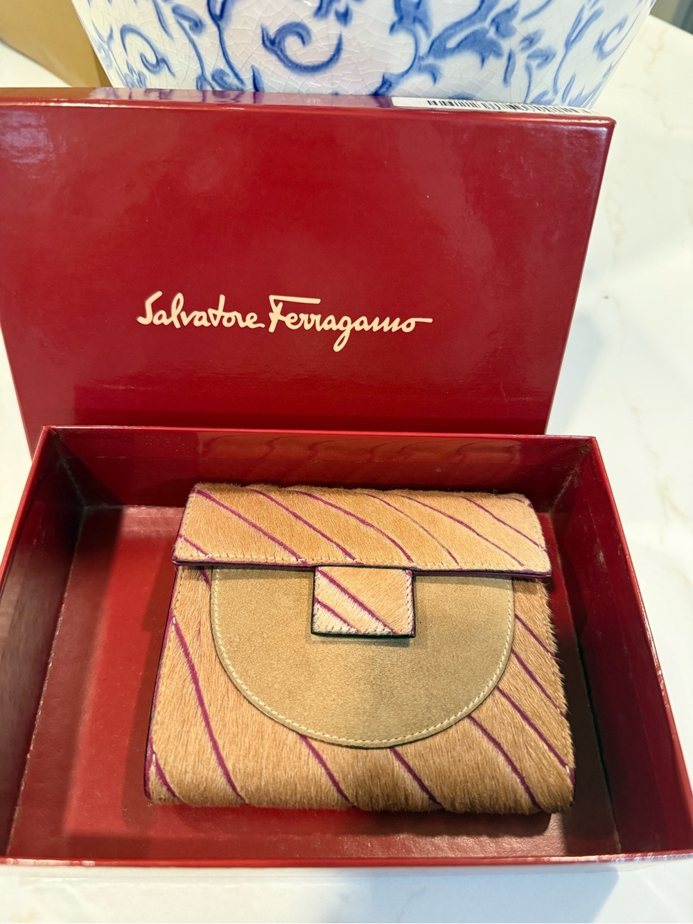 Salvatore Ferragamo Tan Wallet with Pink Stripes